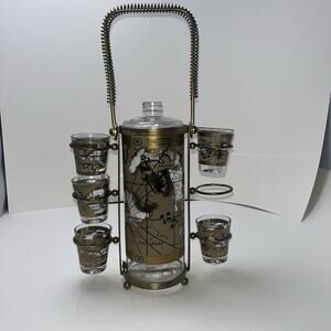 5 Vintage Shot Glasses & Bottle with Metal Holder MCM 1950-1960 World Map Design